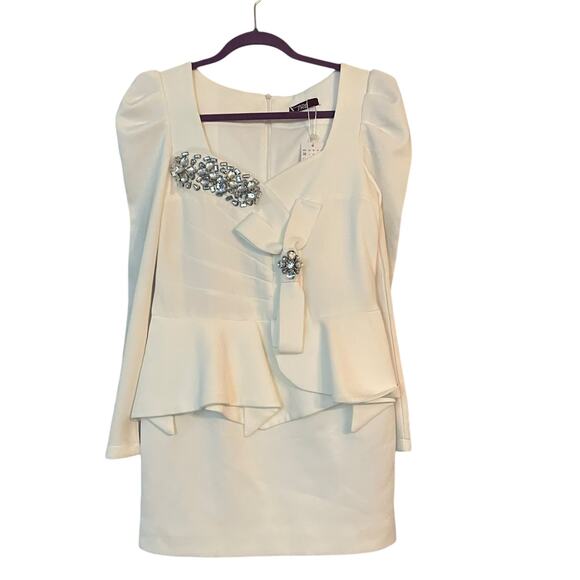 FIRE Womens Bling White Scuba Rhinestone Blingy Peplum Dress 4 Bridal Wedding - Picture 2 of 12